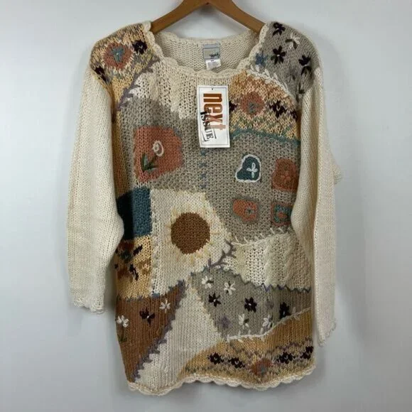90s Brand New Next Issue Womens Medium Ramie Blend Granny Square Sweater Cottage - Picture 15 of 15